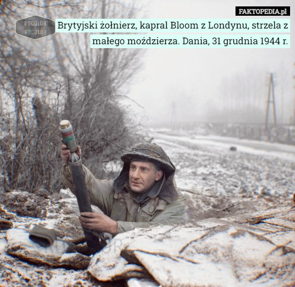 Brytyjski żołnierz, kapral Bloom z Londynu, strzela z małego moździerza. Dania, 31 grudnia 1944 r. 