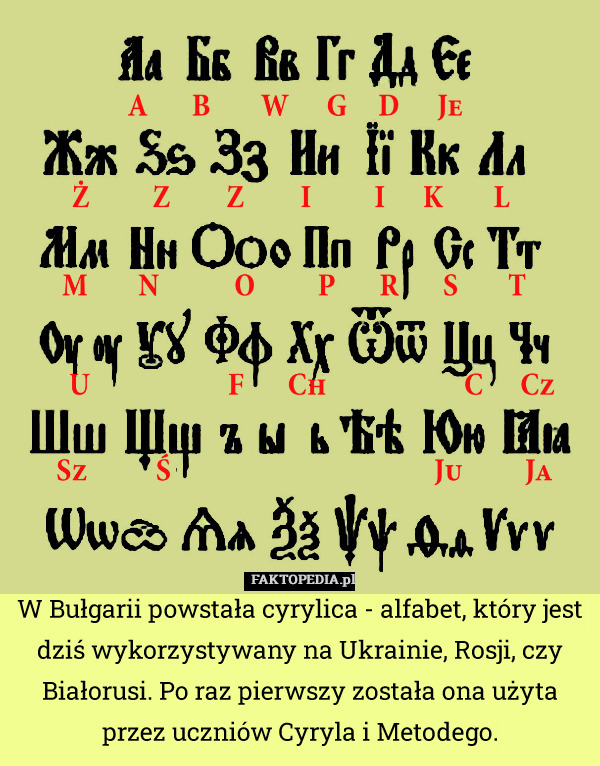 W Bułgarii powstała cyrylica - alfabet, który jest dziś wykorzystywany na Ukrainie, Rosji, czy Białorusi. Po raz pierwszy została ona użyta przez uczniów Cyryla i Metodego. 