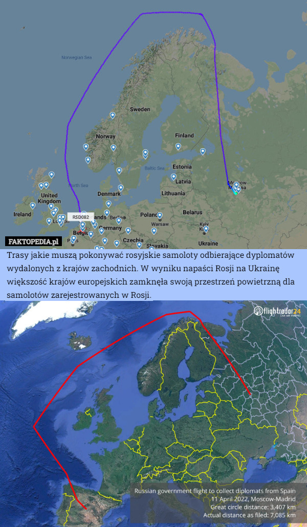 Trasy jakie muszą pokonywać rosyjskie samoloty odbierające dyplomatów wydalonych z krajów zachodnich. W wyniku napaści Rosji na Ukrainę większość krajów europejskich zamknęła swoją przestrzeń powietrzną dla samolotów zarejestrowanych w Rosji. 
