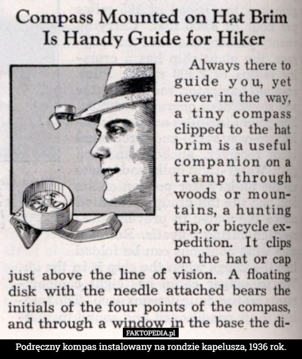 Podręczny kompas instalowany na rondzie kapelusza, 1936 rok. 