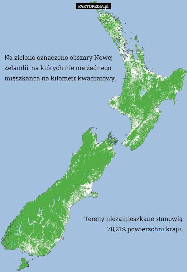 Na zielono oznaczono obszary Nowej Zelandii, na których nie ma żadnego mieszkańca na kilometr kwadratowy. Tereny niezamieszkane stanowią 78,21% powierzchni kraju. 