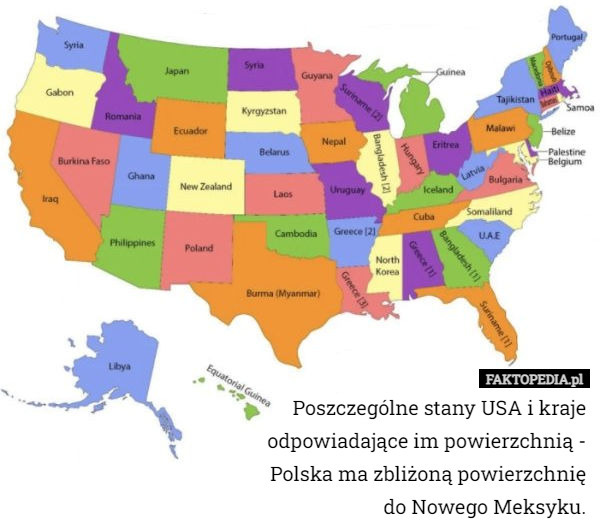 Poszczególne stany USA i kraje odpowiadające im powierzchnią - Polska ma zbliżoną powierzchnię do Nowego Meksyku. 