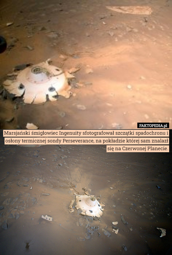 Marsjański śmigłowiec Ingenuity sfotografował szczątki spadochronu i osłony termicznej sondy Perseverance, na pokładzie której sam znalazł się na Czerwonej Planecie. 