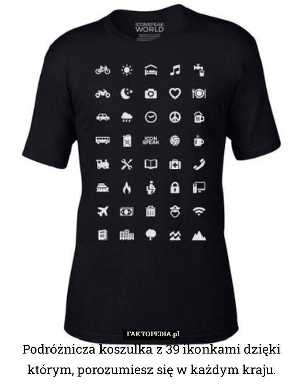Podróżnicza koszulka z 39 ikonkami dzięki którym, porozumiesz się w każdym kraju. 