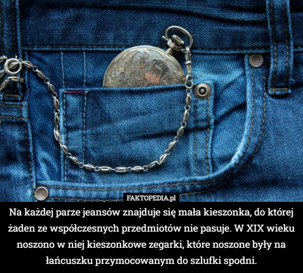 Na każdej parze jeansów znajduje się mała kieszonka, do której żaden ze współczesnych przedmiotów nie pasuje. W XIX wieku noszono w niej kieszonkowe zegarki, które noszone były na łańcuszku przymocowanym do szlufki spodni. 
