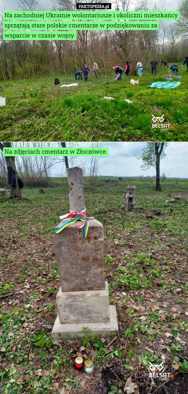 Na zachodniej Ukrainie wolontariusze i okoliczni mieszkańcy sprzątają stare polskie cmentarze w podziękowaniu za wsparcie w czasie wojny. Na zdjęciach cmentarz w Złoczówce. 