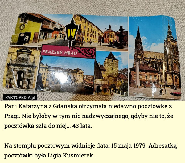 Pani Katarzyna z Gdańska otrzymała niedawno pocztówkę z Pragi. Nie byłoby w tym nic nadzwyczajnego, gdyby nie to, że pocztówka szła do niej... 43 lata.

Na stemplu pocztowym widnieje data: 15 maja 1979. Adresatką pocztówki była Ligia Kuśmierek. 