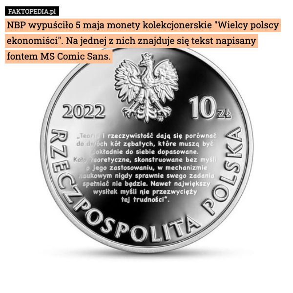 NBP wypuściło 5 maja monety kolekcjonerskie "Wielcy polscy ekonomiści". Na jednej z nich znajduje się tekst napisany fontem MS Comic Sans. 
