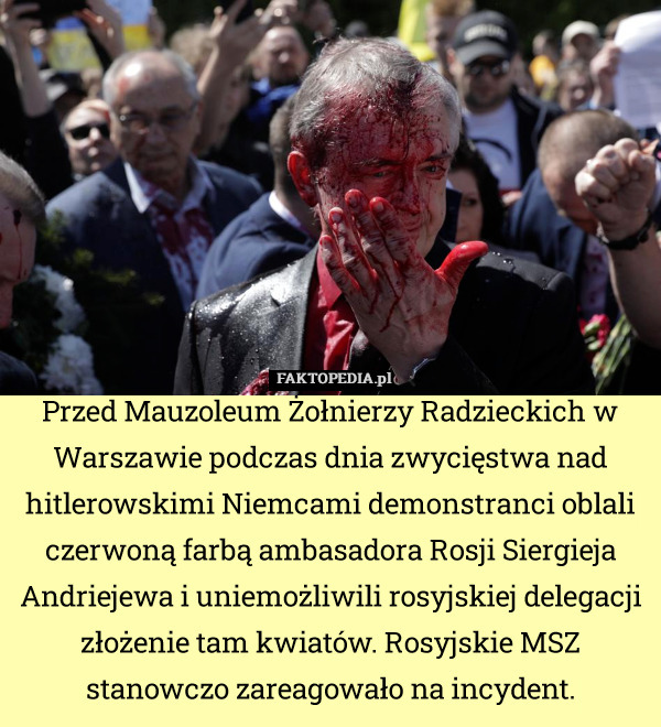 Przed Mauzoleum Żołnierzy Radzieckich w Warszawie podczas dnia zwycięstwa nad hitlerowskimi Niemcami demonstranci oblali czerwoną farbą ambasadora Rosji Siergieja Andriejewa i uniemożliwili rosyjskiej delegacji złożenie tam kwiatów. Rosyjskie MSZ stanowczo zareagowało na incydent. 