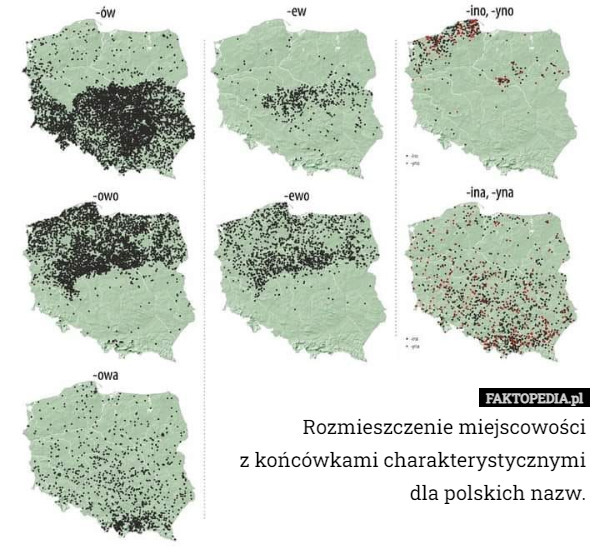 Rozmieszczenie miejscowości
z końcówkami charakterystycznymi dla polskich nazw. 