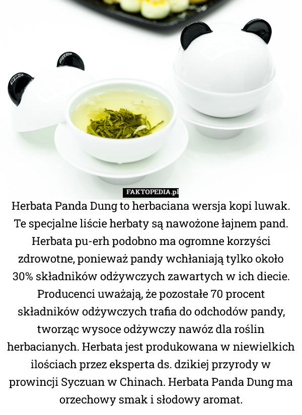 Herbata Panda Dung to herbaciana wersja kopi luwak. Te specjalne liście herbaty są nawożone łajnem pand. Herbata pu-erh podobno ma ogromne korzyści zdrowotne, ponieważ pandy wchłaniają tylko około 30% składników odżywczych zawartych w ich diecie. Producenci uważają, że pozostałe 70 procent składników odżywczych trafia do odchodów pandy, tworząc wysoce odżywczy nawóz dla roślin herbacianych. Herbata jest produkowana w niewielkich ilościach przez eksperta ds. dzikiej przyrody w prowincji Syczuan w Chinach. Herbata Panda Dung ma orzechowy smak i słodowy aromat. 