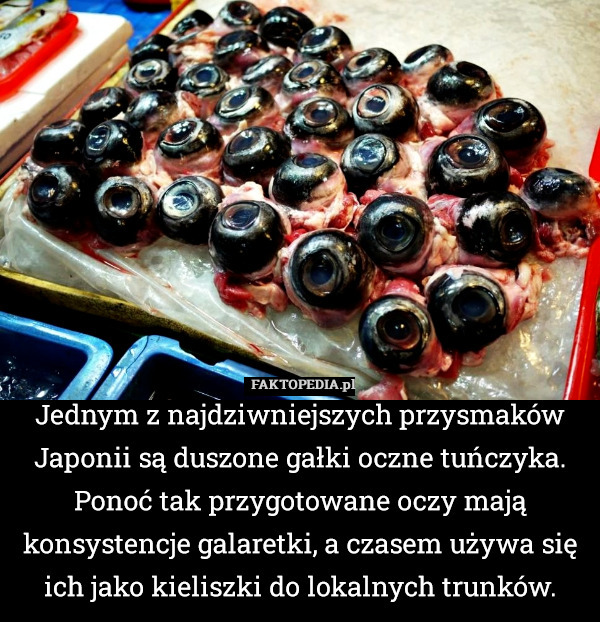 Jednym z najdziwniejszych przysmaków Japonii są duszone gałki oczne tuńczyka. Ponoć tak przygotowane oczy mają konsystencje galaretki, a czasem używa się ich jako kieliszki do lokalnych trunków. 