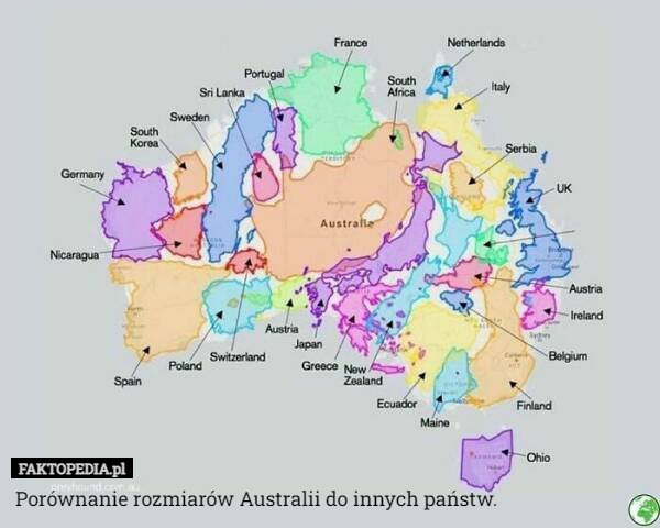 Porównanie rozmiarów Australii do innych państw. 
