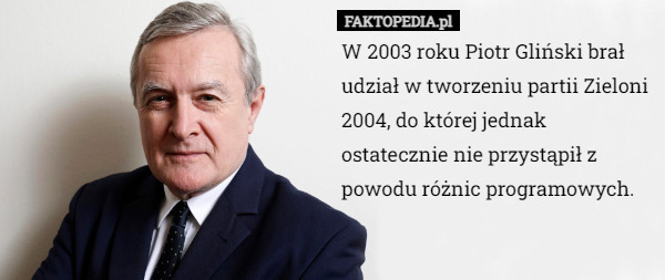 W 2003 roku Piotr Gliński brał udział w tworzeniu partii Zieloni 2004, do której jednak ostatecznie nie przystąpił z powodu różnic programowych. 