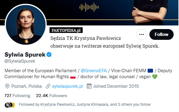 Sędzia TK Krystyna Pawłowicz
 obserwuje na twitterze europoseł Sylwię Spurek. 
