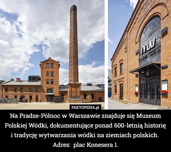 Na Pradze-Północ w Warszawie znajduje się Muzeum Polskiej Wódki, dokumentujące ponad 600-letnią historię i tradycję wytwarzania wódki na ziemiach polskich. 
Adres:  plac Konesera 1. 