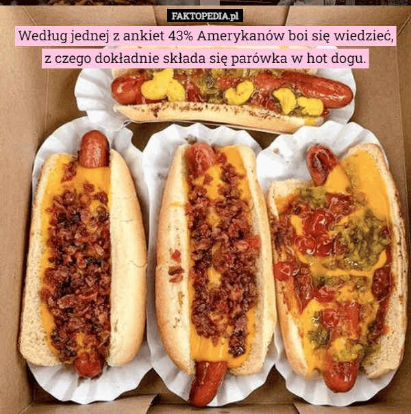 Według jednej z ankiet 43% Amerykanów boi się wiedzieć,
 z czego dokładnie składa się parówka w hot dogu. 