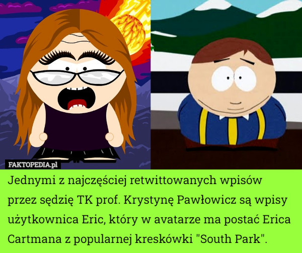 Jednymi z najczęściej retwittowanych wpisów przez sędzię TK prof. Krystynę Pawłowicz są wpisy użytkownica Eric, który w avatarze ma postać Erica Cartmana z popularnej kreskówki "South Park". 