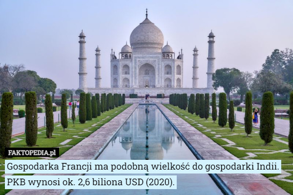 Gospodarka Francji ma podobną wielkość do gospodarki Indii. PKB wynosi ok. 2,6 biliona USD (2020). 