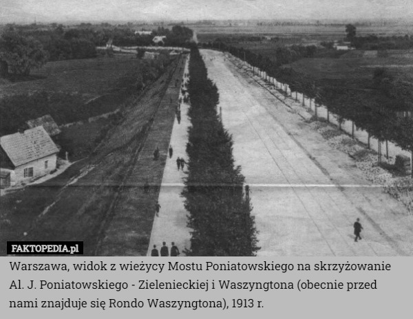 Warszawa, widok z wieżycy Mostu Poniatowskiego na skrzyżowanie Al. J. Poniatowskiego - Zielenieckiej i Waszyngtona (obecnie przed nami znajduje się Rondo Waszyngtona), 1913 r. 