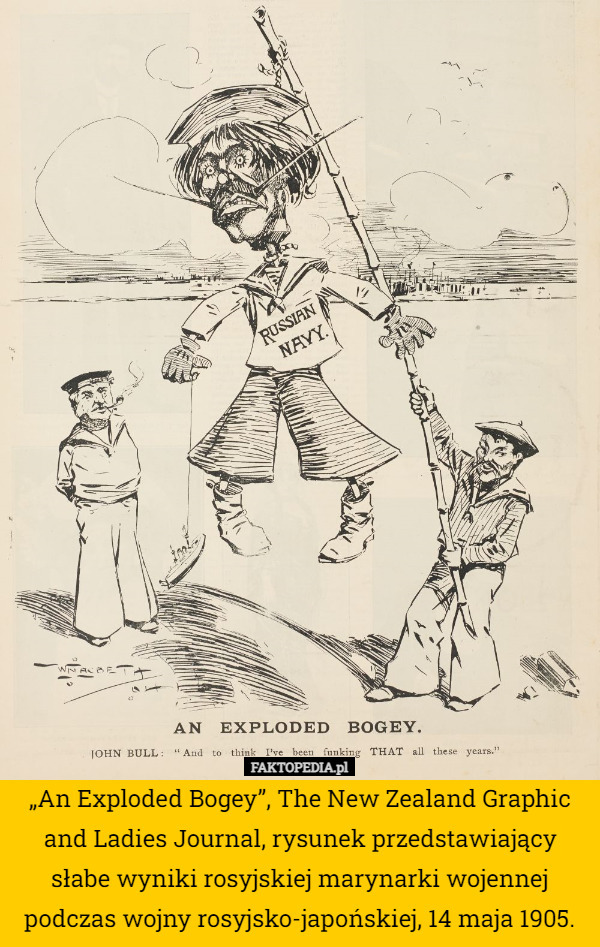 „An Exploded Bogey”, The New Zealand Graphic and Ladies Journal, rysunek przedstawiający słabe wyniki rosyjskiej marynarki wojennej podczas wojny rosyjsko-japońskiej, 14 maja 1905. 