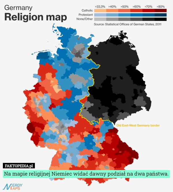 Na mapie religijnej Niemiec widać dawny podział na dwa państwa. 