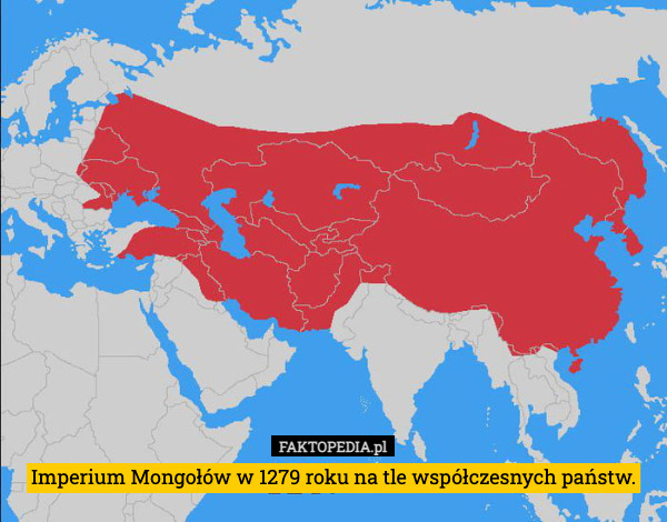 Imperium Mongołów w 1279 roku na tle współczesnych państw. 