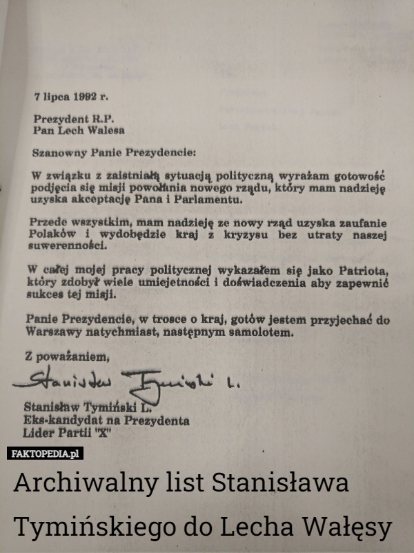 Archiwalny list Stanisława Tymińskiego do Lecha Wałęsy 