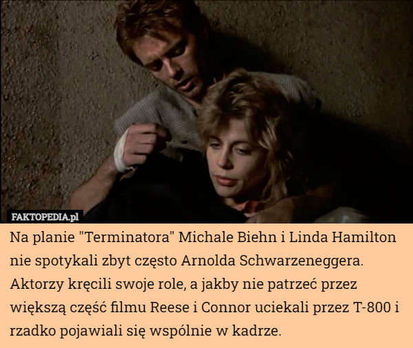 Na planie "Terminatora" Michale Biehn i Linda Hamilton nie spotykali zbyt często Arnolda Schwarzeneggera. Aktorzy kręcili swoje role, a jakby nie patrzeć przez większą część filmu Reese i Connor uciekali przez T-800 i rzadko pojawiali się wspólnie w kadrze. 