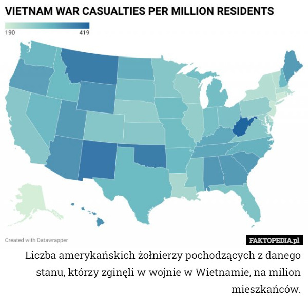 Liczba amerykańskich żołnierzy pochodzących z danego stanu, którzy zginęli w wojnie w Wietnamie, na milion mieszkańców. 