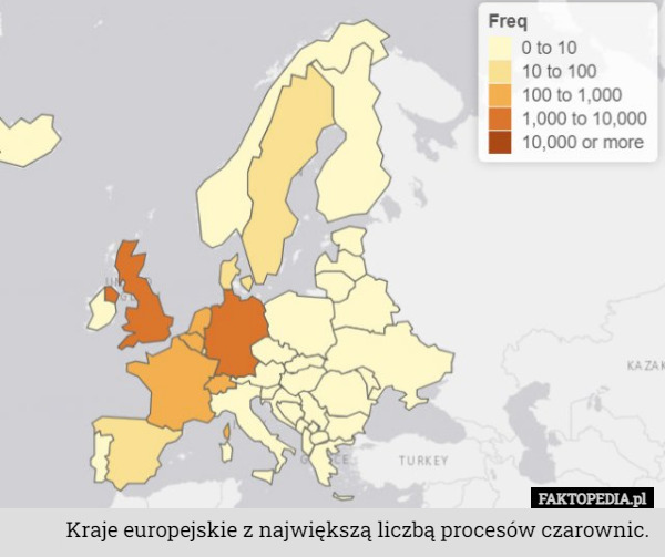 Kraje europejskie z największą liczbą procesów czarownic. 