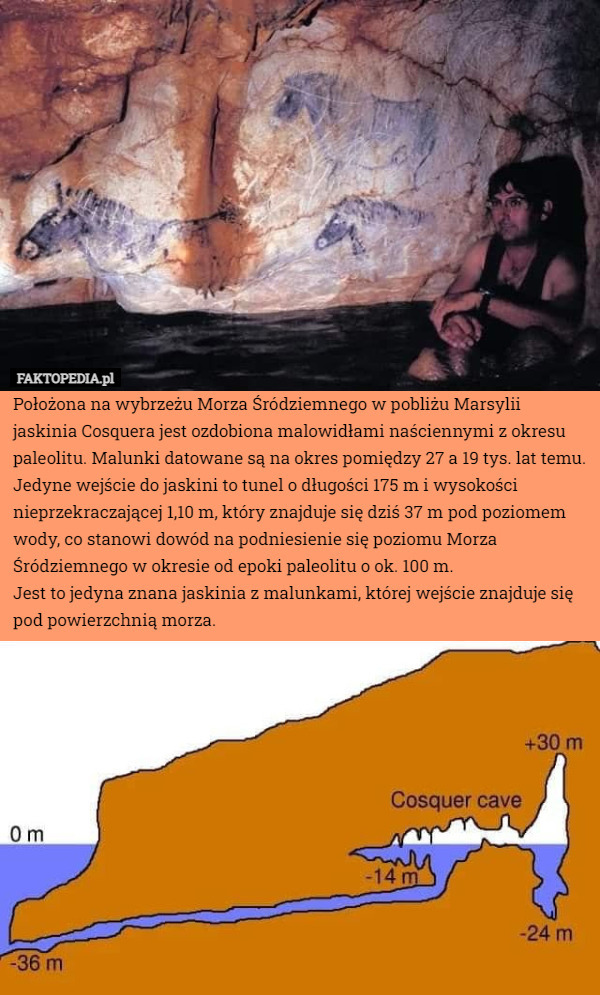 Położona na wybrzeżu Morza Śródziemnego w pobliżu Marsylii jaskinia Cosquera jest ozdobiona malowidłami naściennymi z okresu paleolitu. Malunki datowane są na okres pomiędzy 27 a 19 tys. lat temu.
Jedyne wejście do jaskini to tunel o długości 175 m i wysokości nieprzekraczającej 1,10 m, który znajduje się dziś 37 m pod poziomem wody, co stanowi dowód na podniesienie się poziomu Morza Śródziemnego w okresie od epoki paleolitu o ok. 100 m.
Jest to jedyna znana jaskinia z malunkami, której wejście znajduje się pod powierzchnią morza. 