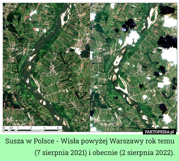 Susza w Polsce - Wisła powyżej Warszawy rok temu (7 sierpnia 2021) i obecnie (2 sierpnia 2022). 