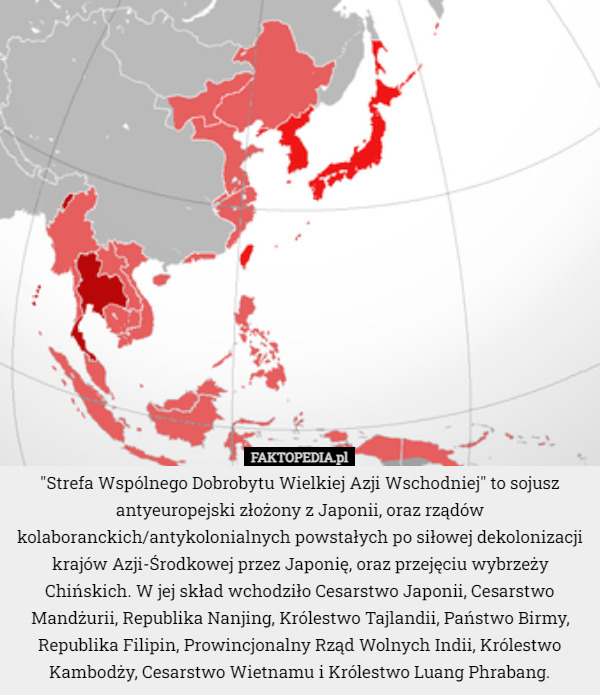 "Strefa Wspólnego Dobrobytu Wielkiej Azji Wschodniej" to sojusz antyeuropejski złożony z Japonii, oraz rządów kolaboranckich/antykolonialnych powstałych po siłowej dekolonizacji krajów Azji-Środkowej przez Japonię, oraz przejęciu wybrzeży Chińskich. W jej skład wchodziło Cesarstwo Japonii, Cesarstwo Mandżurii, Republika Nanjing, Królestwo Tajlandii, Państwo Birmy, Republika Filipin, Prowincjonalny Rząd Wolnych Indii, Królestwo Kambodży, Cesarstwo Wietnamu i Królestwo Luang Phrabang. 