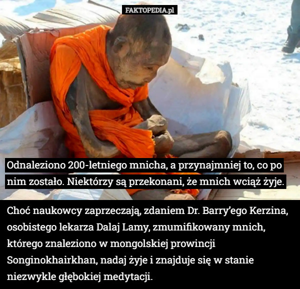 Odnaleziono 200-letniego mnicha, a przynajmniej to, co po nim zostało. Niektórzy są przekonani, że mnich wciąż żyje. Choć naukowcy zaprzeczają, zdaniem Dr. Barry’ego Kerzina, osobistego lekarza Dalaj Lamy, zmumifikowany mnich, którego znaleziono w mongolskiej prowincji Songinokhairkhan, nadaj żyje i znajduje się w stanie niezwykle głębokiej medytacji. 
