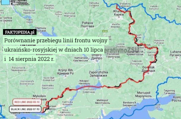 Porównanie przebiegu linii frontu wojny
 ukraińsko-rosyjskiej w dniach 10 lipca
i  14 sierpnia 2022 r. 