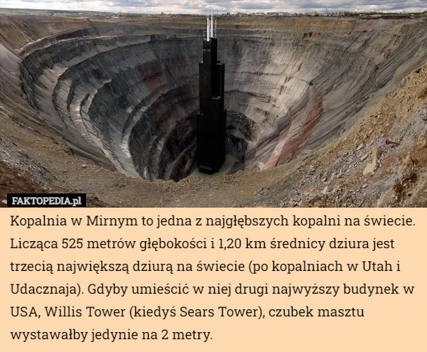 Kopalnia w Mirnym to jedna z najgłębszych kopalni na świecie. Licząca 525 metrów głębokości i 1,20 km średnicy dziura jest trzecią największą dziurą na świecie (po kopalniach w Utah i Udacznaja). Gdyby umieścić w niej drugi najwyższy budynek w USA, Willis Tower (kiedyś Sears Tower), czubek masztu wystawałby jedynie na 2 metry. 