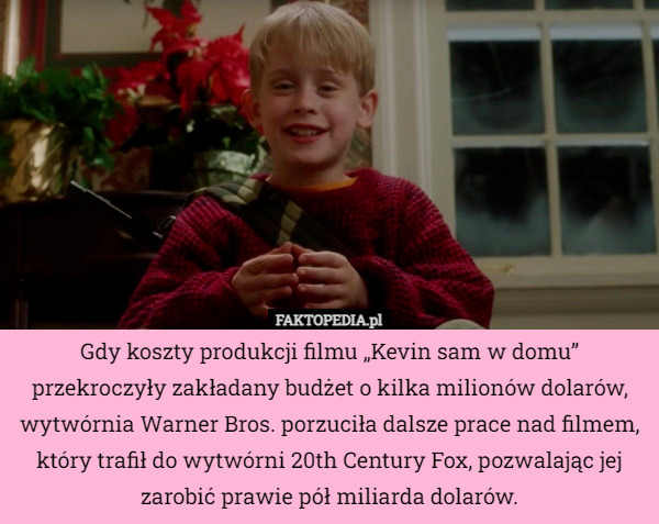 Gdy koszty produkcji filmu „Kevin sam w domu” przekroczyły zakładany budżet o kilka milionów dolarów, wytwórnia Warner Bros. porzuciła dalsze prace nad filmem, który trafił do wytwórni 20th Century Fox, pozwalając jej zarobić prawie pół miliarda dolarów. 