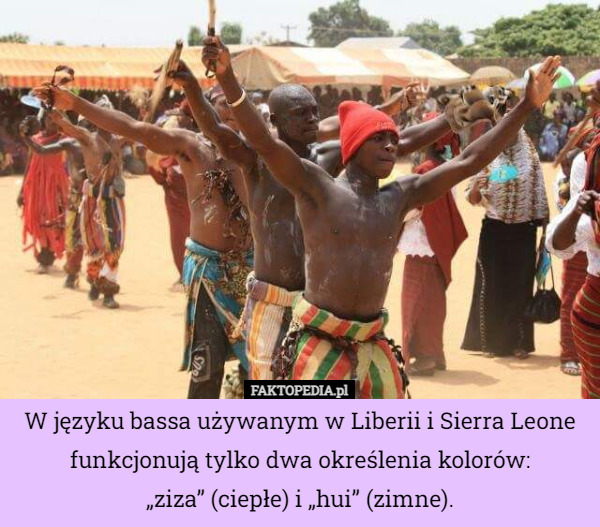 W języku bassa używanym w Liberii i Sierra Leone funkcjonują tylko dwa określenia kolorów:
 „ziza” (ciepłe) i „hui” (zimne). 