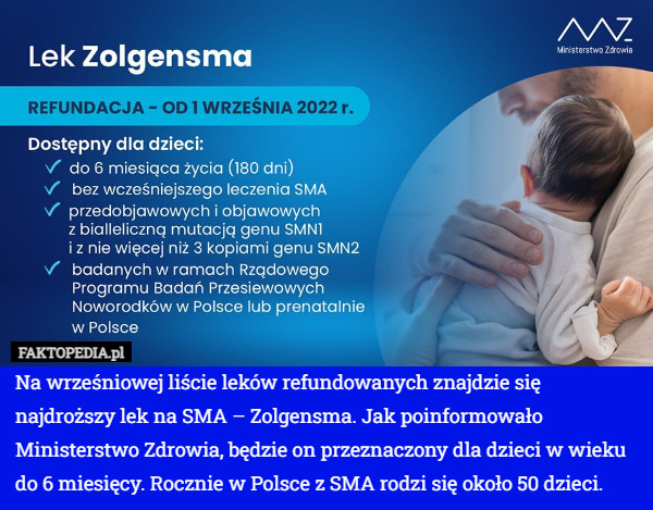 Na wrześniowej liście leków refundowanych znajdzie się najdroższy lek na SMA – Zolgensma. Jak poinformowało Ministerstwo Zdrowia, będzie on przeznaczony dla dzieci w wieku do 6 miesięcy. Rocznie w Polsce z SMA rodzi się około 50 dzieci. 