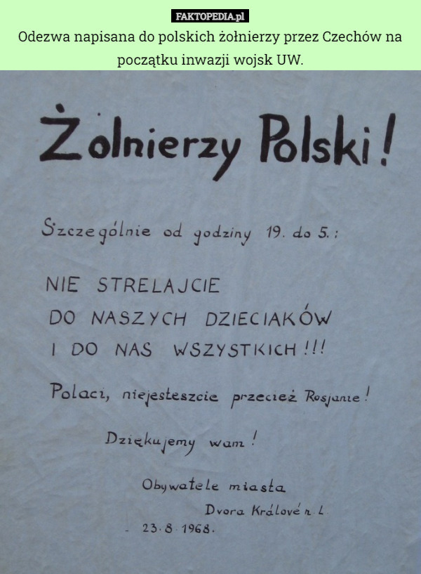 Odezwa napisana do polskich żołnierzy przez Czechów na początku inwazji wojsk UW. 