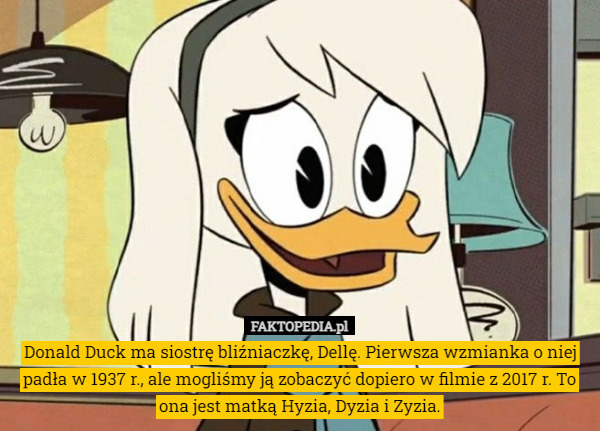 Donald Duck ma siostrę bliźniaczkę, Dellę. Pierwsza wzmianka o niej padła w 1937 r., ale mogliśmy ją zobaczyć dopiero w filmie z 2017 r. To ona jest matką Hyzia, Dyzia i Zyzia. 