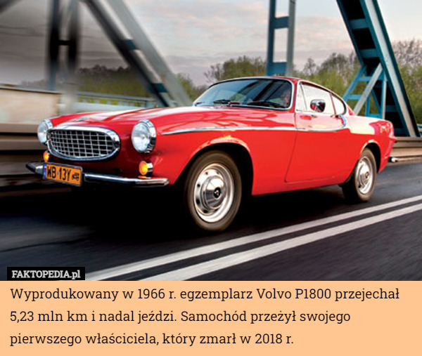 Wyprodukowany w 1966 r. egzemplarz Volvo P1800 przejechał 5,23 mln km i nadal jeździ. Samochód przeżył swojego pierwszego właściciela, który zmarł w 2018 r. 