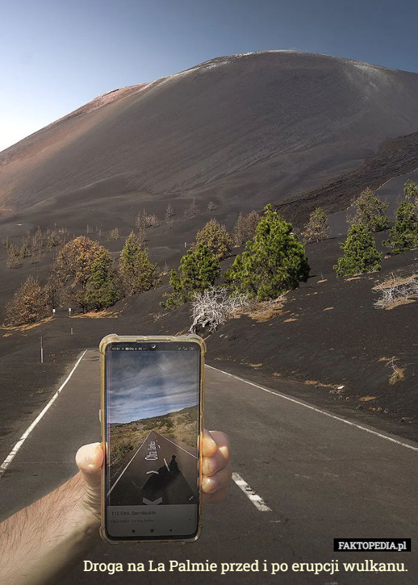 Droga na La Palmie przed i po erupcji wulkanu. 