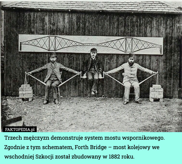 Trzech mężczyzn demonstruje system mostu wspornikowego. Zgodnie z tym schematem, Forth Bridge – most kolejowy we wschodniej Szkocji został zbudowany w 1882 roku. 