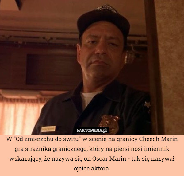 W "Od zmierzchu do świtu" w scenie na granicy Cheech Marin gra strażnika granicznego, który na piersi nosi imiennik wskazujący, że nazywa się on Oscar Marin - tak się nazywał ojciec aktora. 