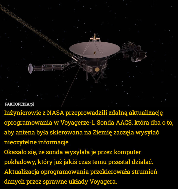 Inżynierowie z NASA przeprowadzili zdalną aktualizację oprogramowania w Voyagerze-1. Sonda AACS, która dba o to, aby antena była skierowana na Ziemię zaczęła wysyłać nieczytelne informacje.
Okazało się, że sonda wysyłała je przez komputer pokładowy, który już jakiś czas temu przestał działać. Aktualizacja oprogramowania przekierowała strumień danych przez sprawne układy Voyagera. 