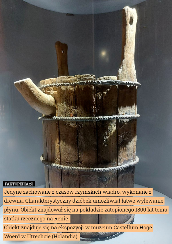 Jedyne zachowane z czasów rzymskich wiadro, wykonane z drewna. Charakterystyczny dzióbek umożliwiał łatwe wylewanie płynu. Obiekt znajdował się na pokładzie zatopionego 1800 lat temu statku rzecznego na Renie.
Obiekt znajduje się na ekspozycji w muzeum Castellum Hoge Woerd w Utrechcie (Holandia). 