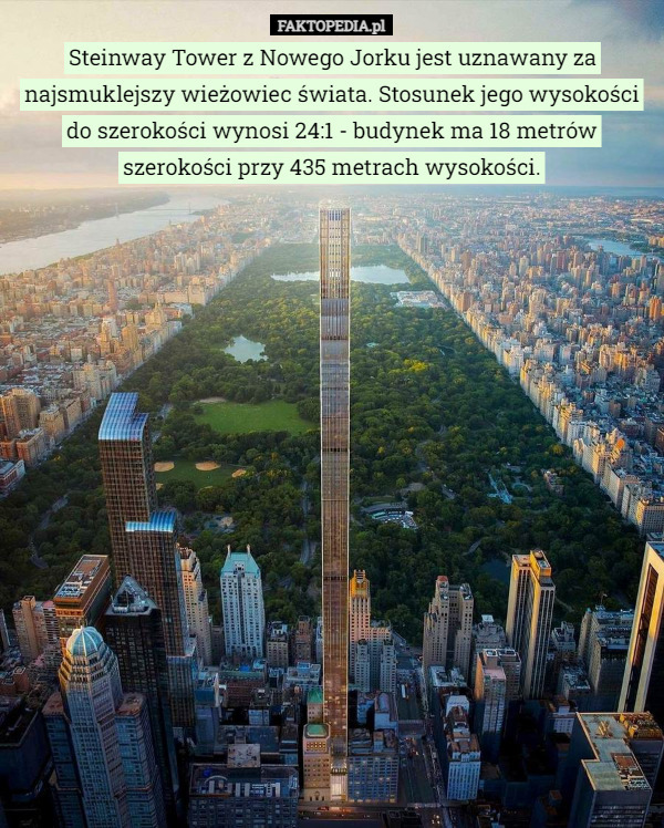 Steinway Tower z Nowego Jorku jest uznawany za najsmuklejszy wieżowiec świata. Stosunek jego wysokości do szerokości wynosi 24:1 - budynek ma 18 metrów szerokości przy 435 metrach wysokości. 