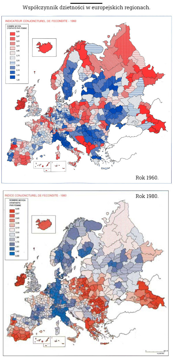 Współczynnik dzietności w europejskich regionach. Rok 1960. Rok 1980. 